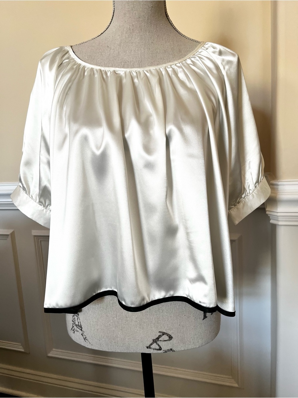 Cropped-White Satin Peasant style Short Sleeves, High-Low Blouse with Black Trim